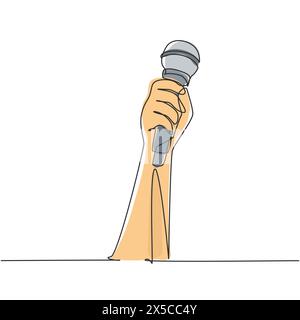 Continuous one line drawing female hand holding microphone isolated on white background, clipping path. Karaoke people sings the song to microphone. S Stock Vector