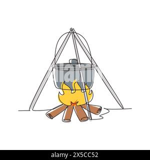 Continuous one line drawing black camping pot over a bonfire. Hot food cooking on campfire, brown cauldron kettle over fire with wood. Delicious fish Stock Vector