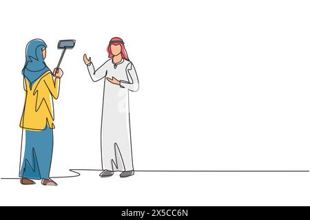 Single one line drawing blogging, vlogging, live video streaming, Arabian influencer opinion. Blogger, vlogger shooting video, create engaging content Stock Vector