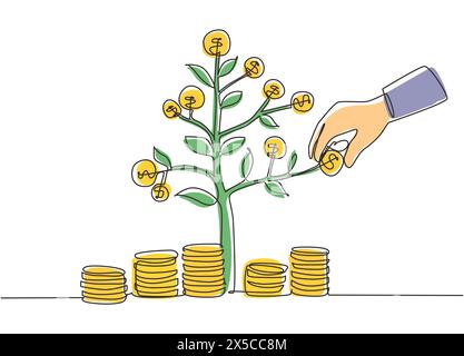 Single continuous line drawing businessman hand pick up coin from growing money tree. Background concept for return money saving and investment. One l Stock Vector