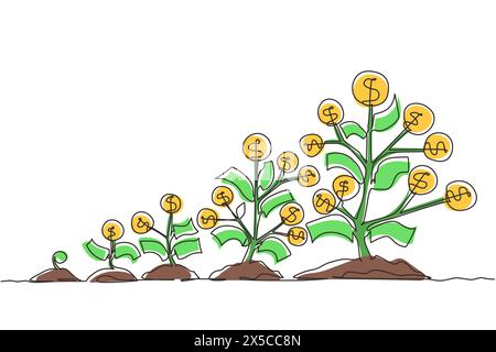 Single one line drawing sprouts, plants, money trees growing icon. Step of coins stacks, money, saving and investment or family planning. Modern conti Stock Vector