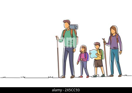 Single continuous line drawing family goes camping. Young parents and their children, boy and girl hiking, with backpacks, maps, mats, compass. Family Stock Vector