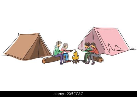 Single continuous line drawing friends sit on logs by campfire. Young tourists, campers in forest. Students roast marshmallows. Night camping entertai Stock Vector