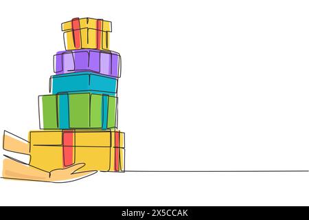 Single one line drawing woman hands gives gift in boxes. Girl holding huge stack New Year presents. Millennial female carrying pile of wrapped gifts b Stock Vector