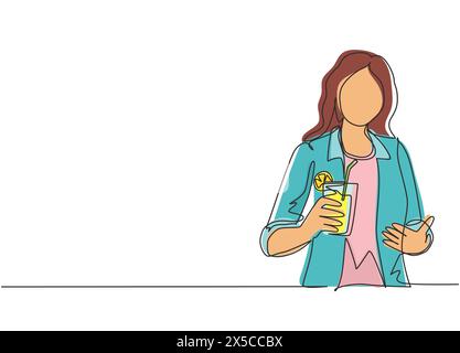 Single one line drawing happy woman showing summer refreshing fruit flavored infused water with fresh organic lemon, lime, mint at glass. Relax time. Stock Vector