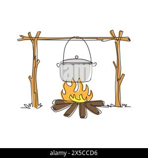 Continuous one line drawing camping pot over bonfire, delicious fish soup cooking. Outdoor nature picnic with bonfire dinner or hiking cook symbol. Si Stock Vector