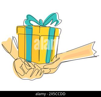 Continuous one line drawing female hands holding beautiful small gift wrapped with ribbon. Romantic surprise. Birthday presents cardboard box with rib Stock Vector