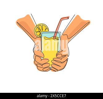 Single continuous line drawing cold lemonade with ice in male hand against the summer outdoor cafe. Fresh detox vegetable orange juice. Healthy lifest Stock Vector