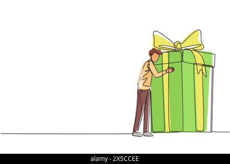 Continuous one line drawing guy hugging huge birthday gift. Young satisfied man standing near wrapped birthday gift box with bow. Present, gift, birth Stock Vector