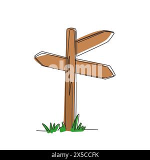 Continuous one line drawing wooden way direction sign. Vintage board on pole from brown hardwood for information message. Textured wooden sign board, Stock Vector