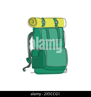 Continuous one line drawing camping backpack. Tourist retro back packs. Classic style hiking backpacks with sleeping bags. Camp and hike bags and knap Stock Vector