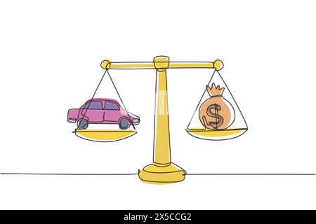 Continuous one line drawing money sack scales concept with a car on one side and sack of money on the other. Sale and purchase new car concept. Single Stock Vector