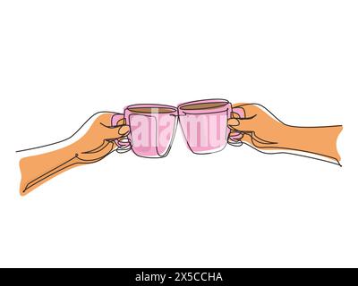 Single continuous line drawing hands with cups of hot coffee or hot tea. Clink glasses with two cups of coffee. Close-up cropped view of two hands hol Stock Vector