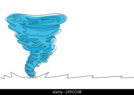 Single continuous line drawing tornado of water. Rotating twister. Splash of water vortex and twisted shape. Whirlpool of water, swirl on white isolat Stock Vector