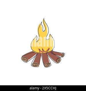 Single one line drawing fireplace campfire. Burning wood, travel and adventure symbol. Bonfire or woodfire. Tourist bonfires form of stack. Continuous Stock Vector