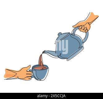 Single one line drawing teapot pouring tea into cup. Woman pouring organic tea into ceramic cup with sand glass. Teapot, teacup. Breakfast concept. Co Stock Vector