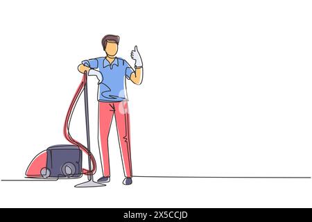 Single continuous line drawing worker of cleaning service. Man dressed in uniform with vacuum cleaner. Washing and cleaning service. Disinfection and Stock Vector