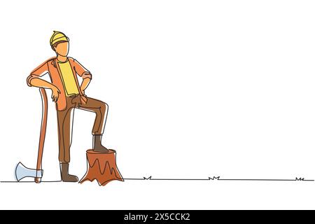 Single continuous line drawing smiling lumberjack wearing workwear and beanie hat, standing with axe and posing with one foot on a tree stump. Dynamic Stock Vector