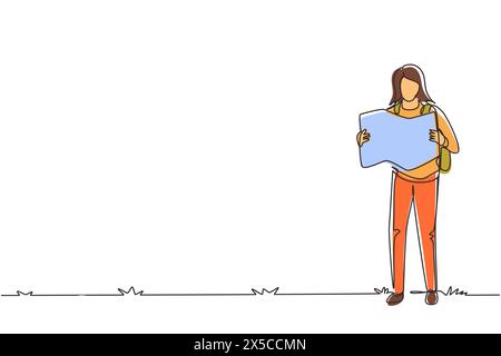 Continuous one line drawing cute teenage girl carrying heavy backpack examining map in mountains. Healthy lifestyle and tourism concept. Outdoor trave Stock Vector