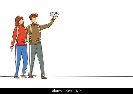 Single continuous line drawing couple standing full length trying to take selfie with mobile device in hand. Man and woman are photographed together. Stock Vector
