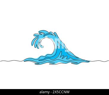 Single continuous line drawing surf ocean waves isolated on white background, also logo idea. Water splashes wave twirl isolated surge sparks breaker. Stock Vector