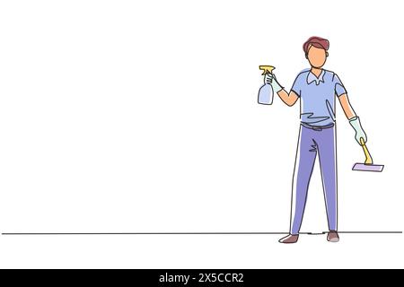 Single one line drawing man cleaning and tidying home, male wiping window glass with detergents and special supplies. Cleanup and housekeeping of apar Stock Vector
