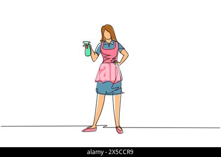Single continuous line drawing woman washing windows at home. Housework chores, female doing house work domestic duties. Girl cleaning, tidying up. Ho Stock Vector
