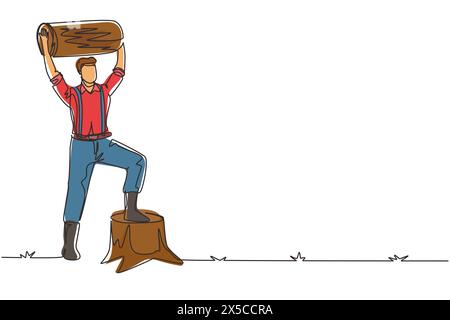 Single one line drawing smiling lumberjack man holding downed log. Wearing suspender shirt, jeans and boots, posing with one foot on tree stump. Conti Stock Vector