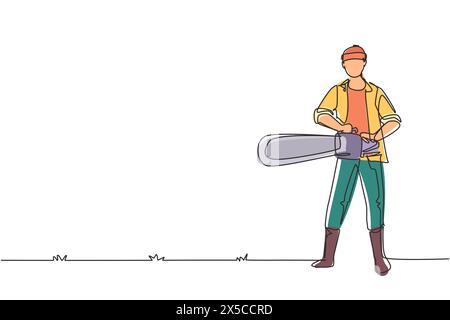 Continuous one line drawing worker using the chainsaw. Wearing suspender shirt, jeans and boots. Professional lumberjack pose cutting tree by chainsaw Stock Vector