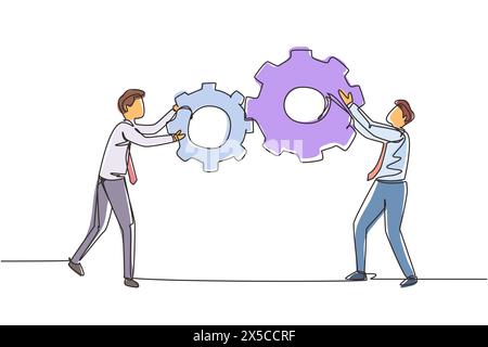 Continuous one line drawing teamwork cooperation in gears mechanism. Two businessmen engaged in business direction to successful. Huge cogwheel machin Stock Vector