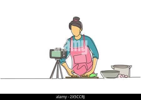 Single continuous line drawing food blogger. Chef cooking, recording video using camera. Online channel, stream. Woman teaches cooking new recipe. Cul Stock Vector