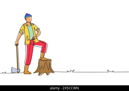 Single continuous line drawing lumberjack wearing plaid shirt, jeans, boots and beanie hat. Standing with ax and posing with one foot on a tree stump. Stock Vector