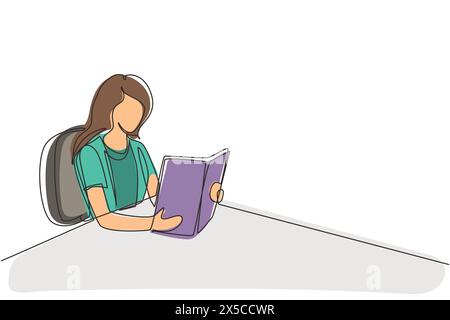 Single one line drawing girl student sitting at table and holding book in hands. Female reading a book. Young woman reading book and preparing for exa Stock Vector