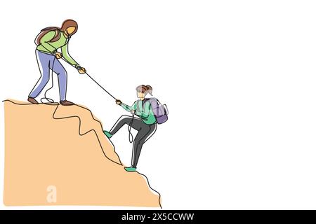 Single continuous line drawing two women hikers climbing up mountain and helping to each other with rope. Business, leadership, achievement and goal c Stock Vector