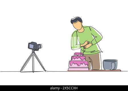 Single continuous line drawing influencer or food blogger creating content. Man shooting cooking video using camera on tripod. Chef baking and decorat Stock Vector
