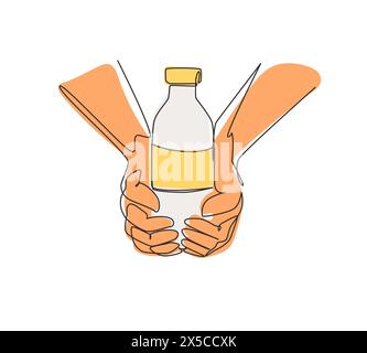 Single one line drawing hands hold glass bottles of plant based lactose free milk, has healthy nutrition. Non dairy alternative beverage. Modern conti Stock Vector