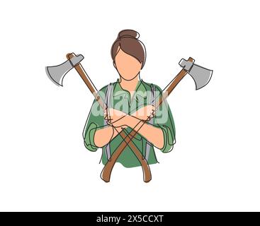 Single one line drawing woman lumberjack holding two axes crossed. Crossed axes, crossed firefighter axe, firewoman axe, Hatchet for carpentry tools. Stock Vector