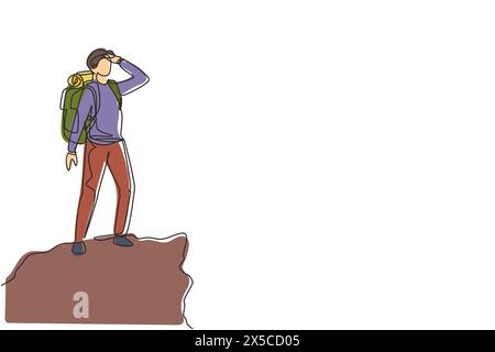 Continuous one line drawing man hiker at the top of the mountain looking into distance. Adventure in mountainous terrain. Exploration, hiking, adventu Stock Vector