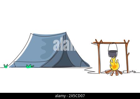 Single continuous line drawing camping site with tent bonfire and pot equipment. Tent, campfire, pine forest and rocky mountains. Adventures in nature Stock Vector