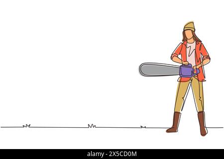 Continuous one line drawing woman worker using chainsaw. Wearing suspender shirt, jeans, beanie hat and boots. Professional lumberjack pose cutting tr Stock Vector