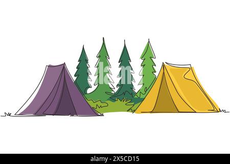 Continuous one line drawing two tents camping tourist pine forest mountain expedition. Travel, adventure, nature, expedition and vacation concept. Sin Stock Vector