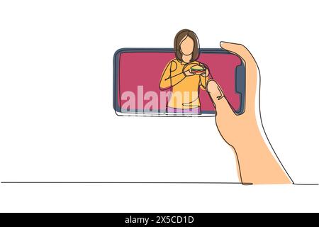 Continuous one line drawing woman food blogger eating burger while creating new content video for her channel by using smartphone. Food review blogger Stock Vector