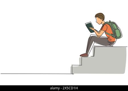 Continuous one line drawing modern young man reading book sitting on stairs. Smart male reader enjoying literature or studying, preparing for exam. Si Stock Vector