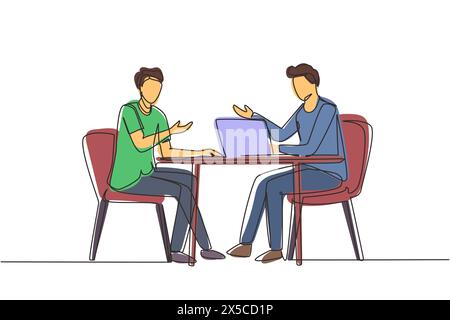 Single continuous line drawing male interviewing famous person in studio for tv show. Concept of television or internet broadcast with journalist talk Stock Vector
