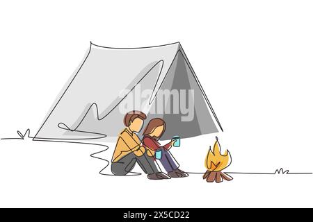 Single continuous line drawing couple sitting on ground near bonfire, active romantic date out of town, camping. Man woman drink hot tea getting warm Stock Vector