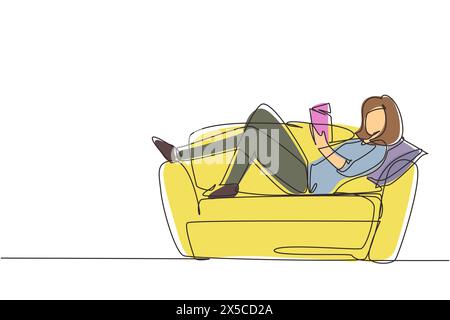 Single one line drawing young woman laying on sofa and reading book at home. Female reading book. Self education, distance studying, relaxing concept. Stock Vector