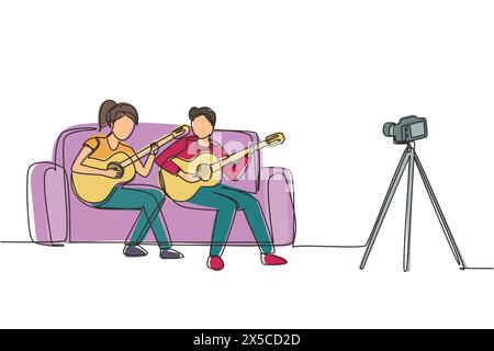 Single continuous line drawing couple vlog influencer performing music show to streaming internet online audience listening at home. Man woman playing Stock Vector