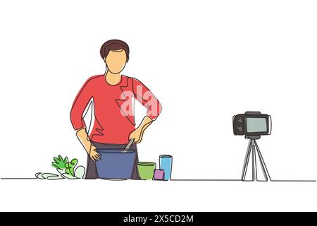 Continuous one line drawing vegan man. Vegetarian food blogger, guy stir and cook vegetable salad. Online culinary school tutorials, foods preparation Stock Vector