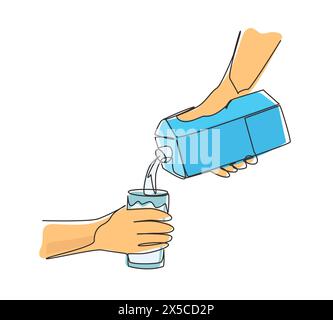 Continuous one line drawing hand holding carton of milk poured into glass. Hand hold milk box and pour milk into glass. Splash of milk drop from carto Stock Vector