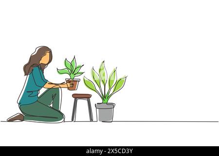 Single continuous line drawing young woman worker kneeling, potted plants. Houseplants in pots in greenhouse, botanical garden, flowers growing, plant Stock Vector